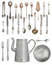 A large set of antiques isolated on a white background. Old spoon, fork, knife, kettle, steamer