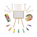 A large set for artists consisting of paints, brushes, an easel, a palette for mixing paints and paints in tubes. A