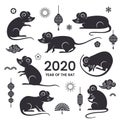 A large set of Asian rats in various poses. Chinese rat is a symbol of 2020. Festive elements for New Year calendars and Royalty Free Stock Photo