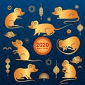 A large set of Asian rats in various poses. Chinese rat is a symbol of 2020. Festive elements for New Year calendars and Royalty Free Stock Photo