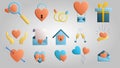 A large set of beautiful festive love joyful tender objects and icons with hearts, balloons, gift boxes and letters with