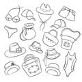 A large set of bikinis, bags and cute hats.Clothing and accessories for summer holidays and travel.Hand drawn sketch in Doodle sty Royalty Free Stock Photo