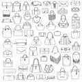 Large set of black and white doddle fashion bags, hand drawn with black ink, isolated on white background. Illustration wit Royalty Free Stock Photo