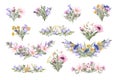Large set with bouquets of wildflowers poppy, cornflower, bluebell, white daisy, pink and yellow and other herbs. Watercolor