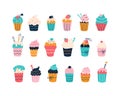 A large set of bright colorful cupcakes on a white background in the style of flat doodles. Vector illustration Royalty Free Stock Photo