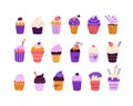 A large set of bright colorful cupcakes on a white background in the style of flat doodles. Vector illustration Royalty Free Stock Photo