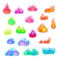 Large set of bright magickal fire flame, hot magic flaming elements isolated on white Royalty Free Stock Photo