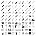 A large set of carpentry tools. Silhouettes and outlines of various carpentry tools, equipment and protective clothing. Royalty Free Stock Photo