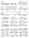 A large set of cars drawn in a linear style. Vector illustration