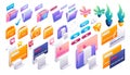 Large set of cartoon icons. Folders with documents, flowers, credit cards, buttons, receipts for payment. Vector 3D Royalty Free Stock Photo