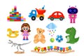 A large set of children`s toys. Constructor, train, doll, cars, dinosaur skeleton, dragon, teddy bear and balls