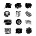 A large set of circular abstract backgrounds or patterns. Hand-drawn doodles. Blots, blots, dots, curves, lines. Modern