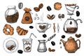 A large set of coffee attributes: cup, grains, turk, kettle, bag, packaging, funnel, croissant, drink, glass, can. Hand drawn
