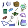 A large set of colored badges, school supplies and accessories, vector cartoon