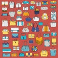 Large set of colorful doodle fashion bags, hand drawn with black ink, isolated on red background. Illustration with group o Royalty Free Stock Photo