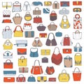 Large set of colorful doodle fashion bags, hand drawn with black ink, isolated on white background. Illustration with group Royalty Free Stock Photo