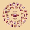 A large set of colorful icons on the topic of beer, its production and use in vector format