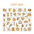 A large set of colorful icons on the topic of beer, its production and use in vector format.