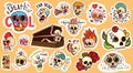 Large set of colorful skull stickers or badges