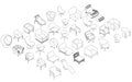 Large set of contours of armchairs and chairs from black lines isolated on white background. Isometric view. 3D. Vector Royalty Free Stock Photo