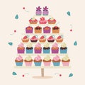 A large set of delicious and beautiful cakes. Vector illustration on a light background