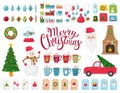 A large set of design elements on the theme of winter and Christmas. A collection of flat-style decorations. Cartoon characters, Royalty Free Stock Photo