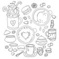 large set of desserts and dishes in style of hand-drawn linear doodles. Cup of tea and cream dessert with straw, coffee Royalty Free Stock Photo