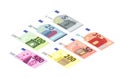 Large set of different euro banknotes in isometric view. Five, ten, twenty, fifty, one hundred, two hundreds and five