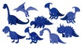 Large set of different types of dinosaurs in blue