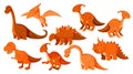 Large set of different types of dinosaurs in orange