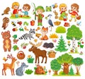 Large set with forest animals and children. Collection on a forest theme