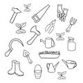 A large set of garden tools for caring for plants, vector illustration , A set of pictures, a coloring book