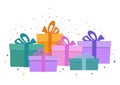 A large set of gifts. Collection of bright holiday gifts in flat style. Unexpected surprise in colorful boxes. A special