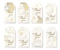 A large Set of golden contour lotuses and mandala is made in the form of a form for Thank you tags. Shape design for