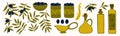 A large set of Greek food. Black olives, olive branches and oil. Bottles, bowls and jars of olive oil. Mediterranean healthy bio