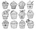 Large set of hand-drawn assorted cupcakes, illustration. Black outline. Doodles, icons for food industry Royalty Free Stock Photo