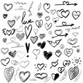 Large set of hand-drawn heart drawings, valentine. doodle vector illustration