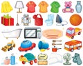 Large set of household items and toys on white background Royalty Free Stock Photo