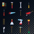 A large set of icons for construction, plumbing, garden, repair, tools on a translucent background: shovel, saw, hammer, brush, Royalty Free Stock Photo