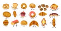 Large set of isolated illustrations on a white background. The bread is different. Baguette, loaf, sandwich buns, muffins and Royalty Free Stock Photo