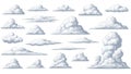 A large set of isolated stylized white fluffy clouds of various shapes and sizes for design Royalty Free Stock Photo