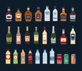 Large set of isolated water and alcohol bottle icon on black background. Royalty Free Stock Photo