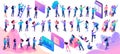 Large Set of Isometric teenagers in bright clothes with different poses and gestures. Website and mobile application design kit