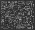 A large set of kitchen tools,dishes,utensils in Doodle style on the background of a chalkboard.A collection of elements for menu