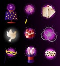 Large set of magic items, magic cards, a rabbit in a hat, a magic wand, a magic ball and cubes. Royalty Free Stock Photo