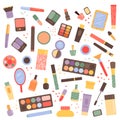 A large set of makeup. Different cosmetics and accessories. Set of items isolated on a white background. Vector illustration