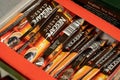 A large set of many Nescafe Classic instant coffee packets, group of objects detail closeup, nobody. Caffeine products simple
