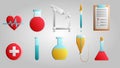 Large set of 10 medical scientific medical medical items icons with flasks of hearts, microscopes and droppers with documents on a Royalty Free Stock Photo