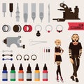 Large set with people and objects dedicated to body modifications as tattoo, piercing, plugs, Young man and woman drawn wit