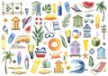 A large set of pictures with beach cabins, surfboards, summer vacation and vacation accessories. Watercolor illustration